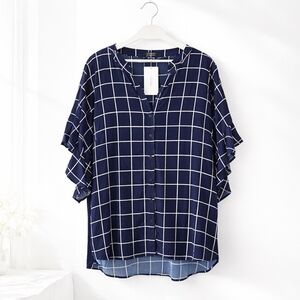 BloomChic Boho Grid Print Blouse | Flutter Sleeve Button Front | 22–24 Plus NWT